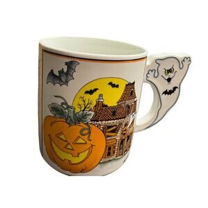 Vintage Japan Halloween Haunted House Pumpkin Mug Cup Ghost Handle
